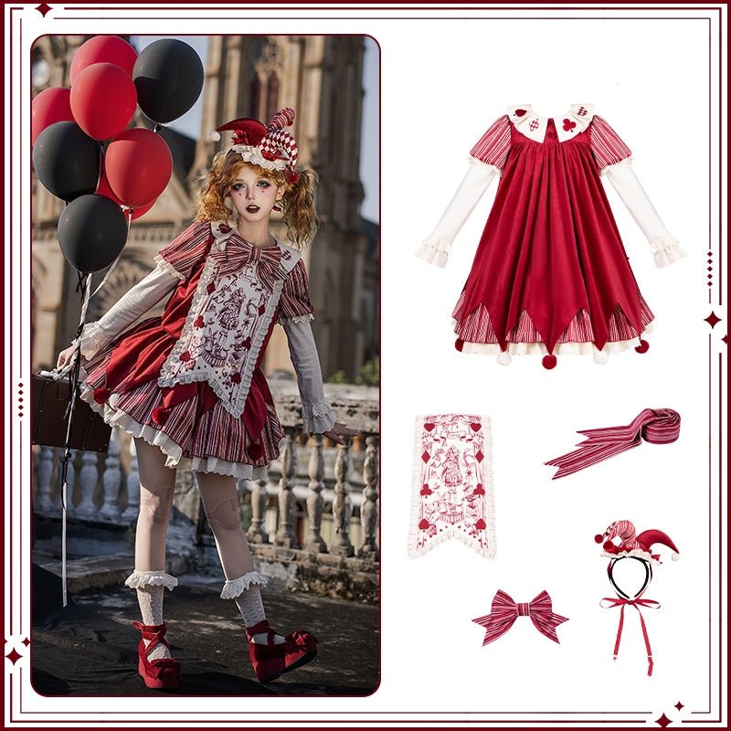 Doll Mask Clown OP - Loose Oversized Lolita Dress LE1188 - LolitaEraFive - piece red setSDoll Mask Clown OP - Loose Oversized Lolita Dress LE1188