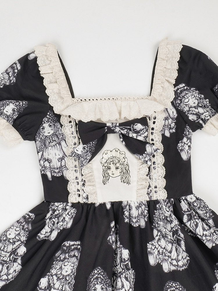 Doll Night Navy Black Doll Print Embroidery Gothic Maid Lolita OP Dress - LolitaEra