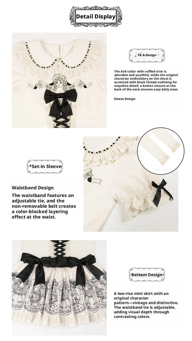 Doll Night Navy Black Doll Print Embroidery Gothic Maid Lolita OP Dress - LolitaEra