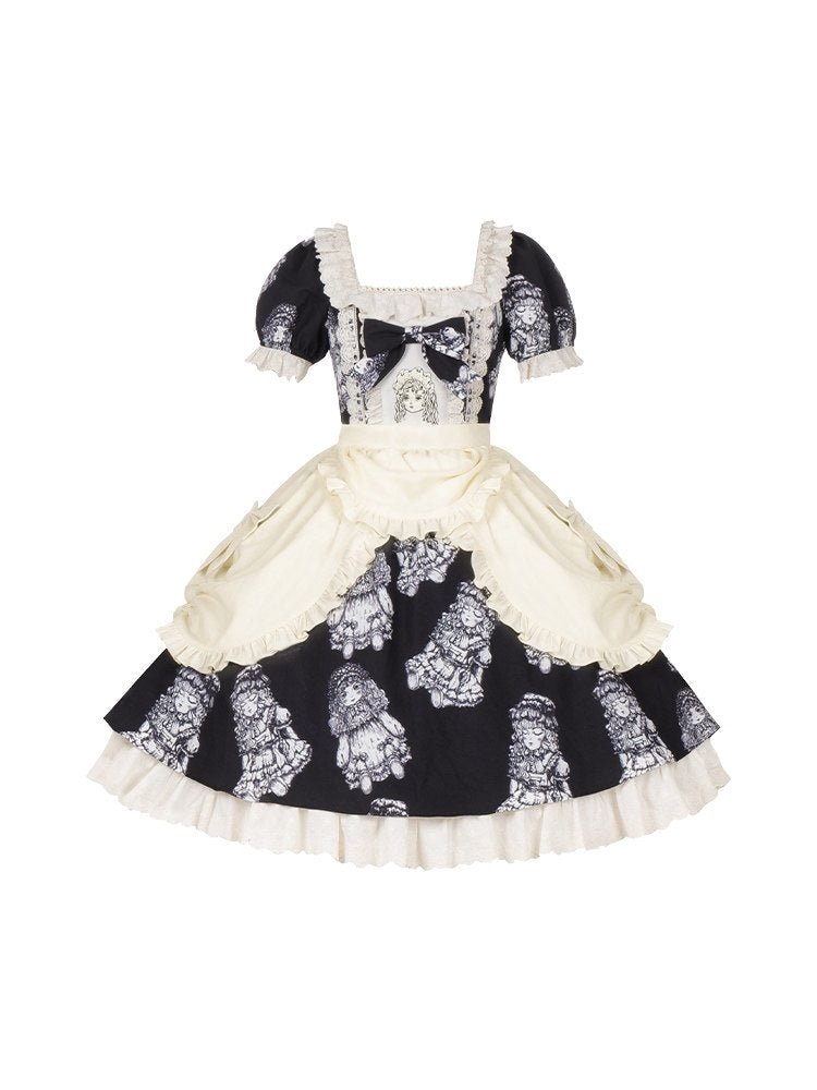 Doll Night Navy Black Doll Print Embroidery Gothic Maid Lolita OP Dress - LolitaEra