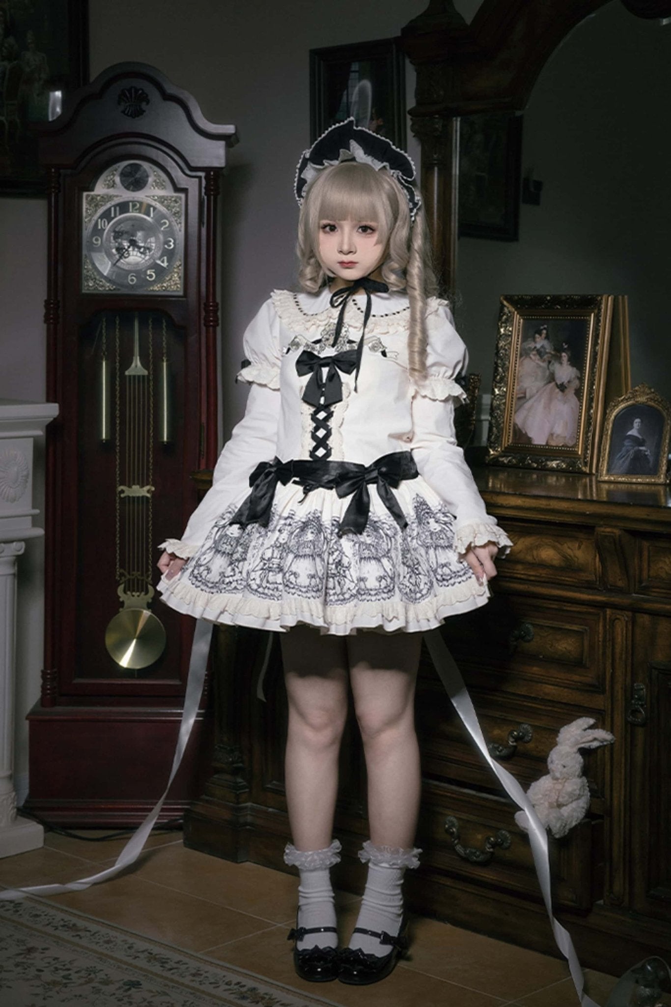 Doll Night Navy Black Doll Print Embroidery Gothic Maid Lolita OP Dress - LolitaEra