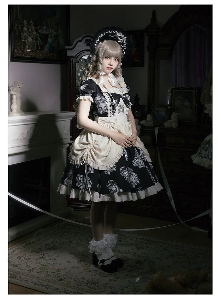 Doll Night Navy Black Doll Print Embroidery Gothic Maid Lolita OP Dress - LolitaEra