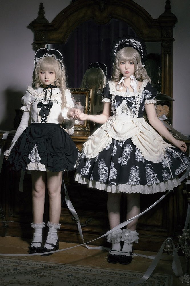 Doll Night Navy Black Doll Print Embroidery Gothic Maid Lolita OP Dress - LolitaEra