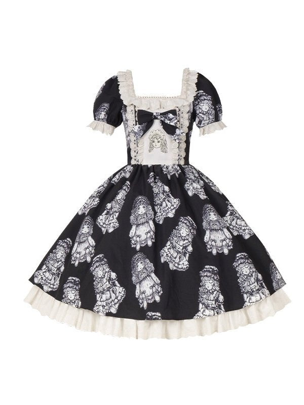 Doll Night Navy Black Doll Print Embroidery Gothic Maid Lolita OP Dress - LolitaEra