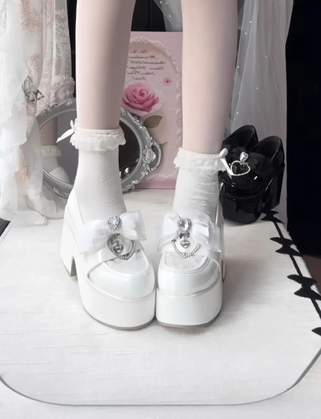 Dream Heartbeat Lace Bow Jewel Buckle Lolita Platform Shoes - LolitaEra