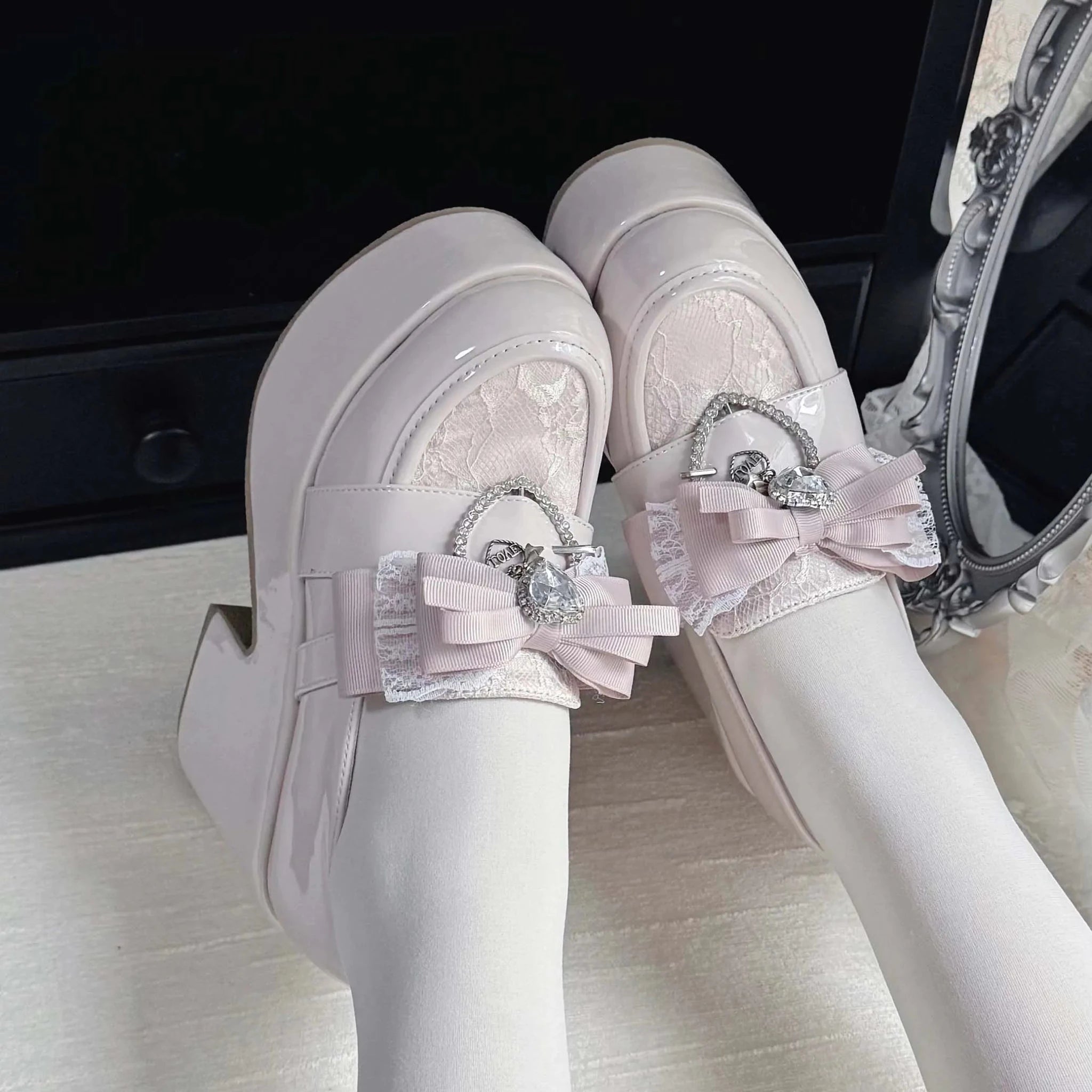 Dream Heartbeat Lace Bow Jewel Buckle Lolita Platform Shoes - LolitaEra