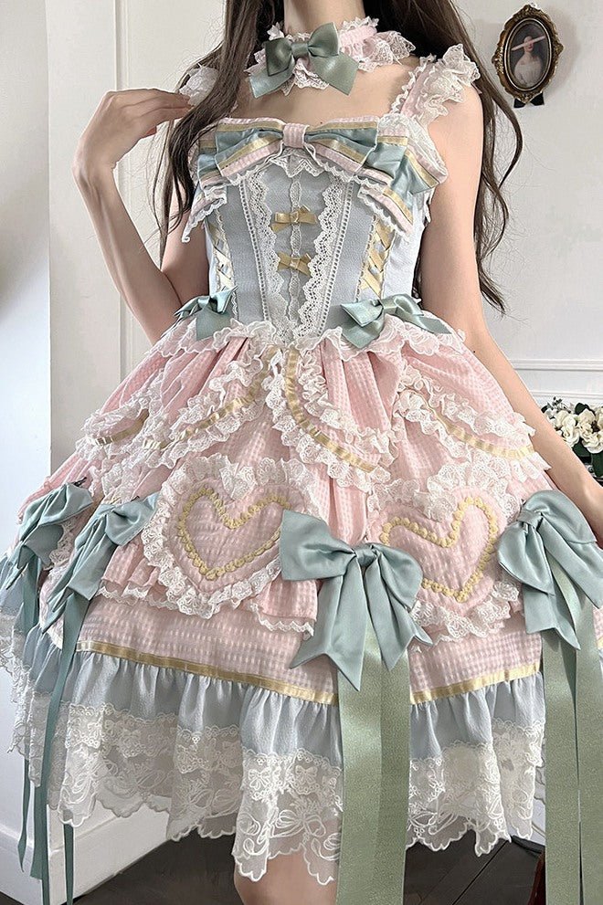Dream Love Song Gorgeous Cake Tiered Pink & Green JSK Dress - LolitaEraJSK+NecklaceSDream Love Song Gorgeous Cake Tiered Pink & Green JSK Dress