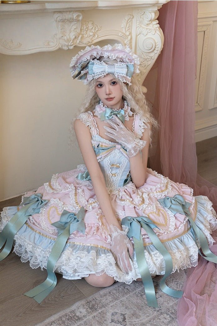 Dream Love Song Gorgeous Cake Tiered Pink & Green JSK Dress - LolitaEraJSK+NecklaceSDream Love Song Gorgeous Cake Tiered Pink & Green JSK Dress