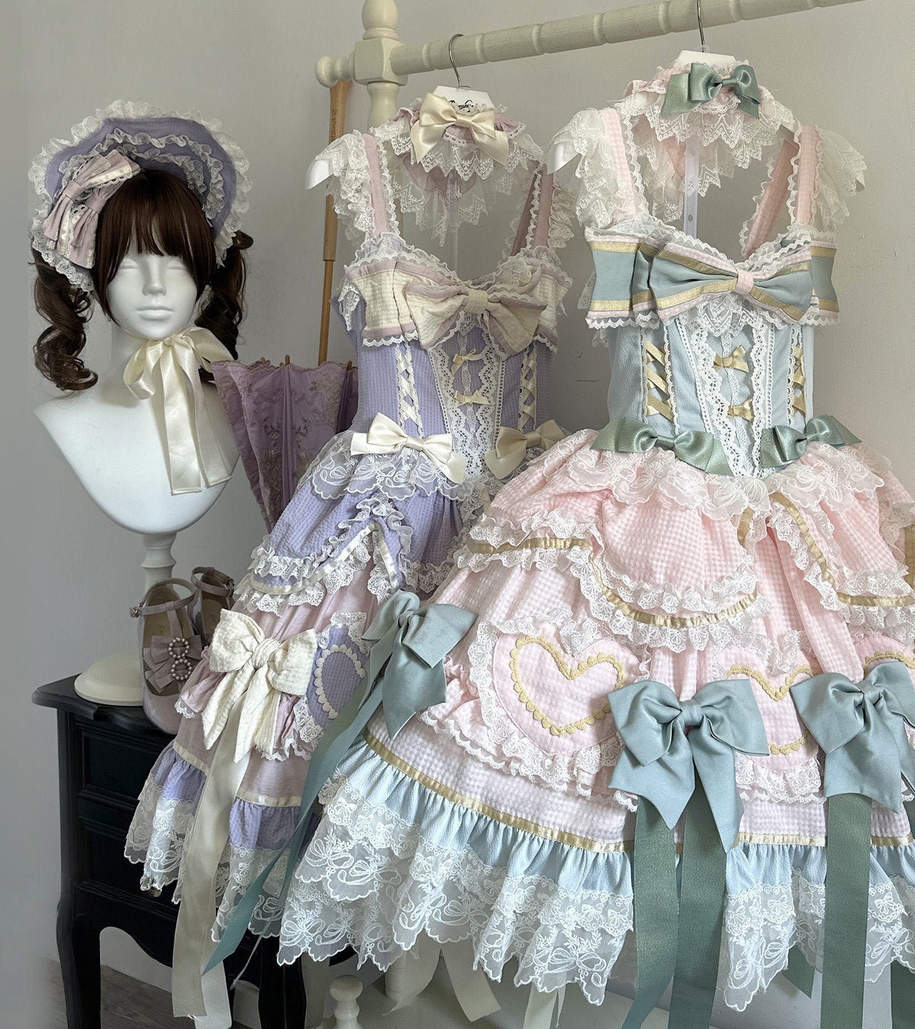 Dream Love Song Gorgeous Cake Tiered Pink & Green JSK Dress - LolitaEraJSK+NecklaceSDream Love Song Gorgeous Cake Tiered Pink & Green JSK Dress