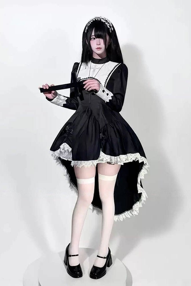 Dreambound Nun Halloween Dark Gothic Lolita Maid Dress - LolitaEraBlack Set (Dress + Headscarf & Headband) + Petticoat + White Thigh - high SocksSBlackDreambound Nun Halloween Dark Gothic Lolita Maid Dress