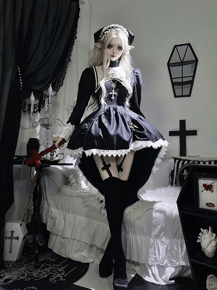 Dreambound Nun Halloween Dark Gothic Lolita Maid Dress - LolitaEraBlack Set (Dress + Headscarf & Headband) + Petticoat + White Thigh - high SocksSBlackDreambound Nun Halloween Dark Gothic Lolita Maid Dress