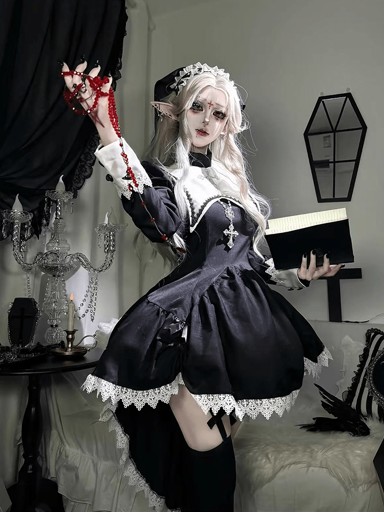 Dreambound Nun Halloween Dark Gothic Lolita Maid Dress - LolitaEraBlack Set (Dress + Headscarf & Headband) + Petticoat + White Thigh - high SocksSBlackDreambound Nun Halloween Dark Gothic Lolita Maid Dress