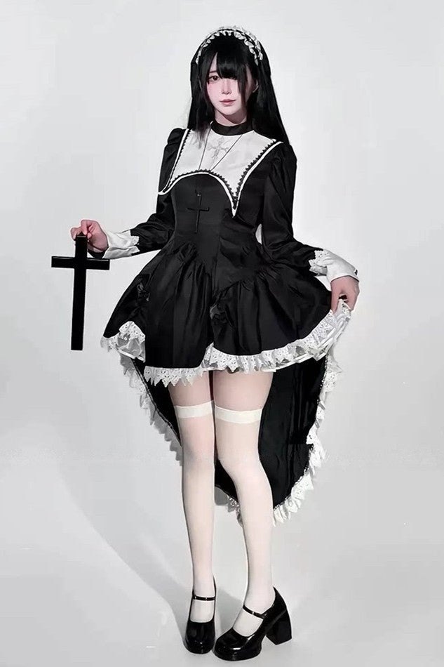 Dreambound Nun Halloween Dark Gothic Lolita Maid Dress - LolitaEraBlack Set (Dress + Headscarf & Headband)SBlackDreambound Nun Halloween Dark Gothic Lolita Maid Dress
