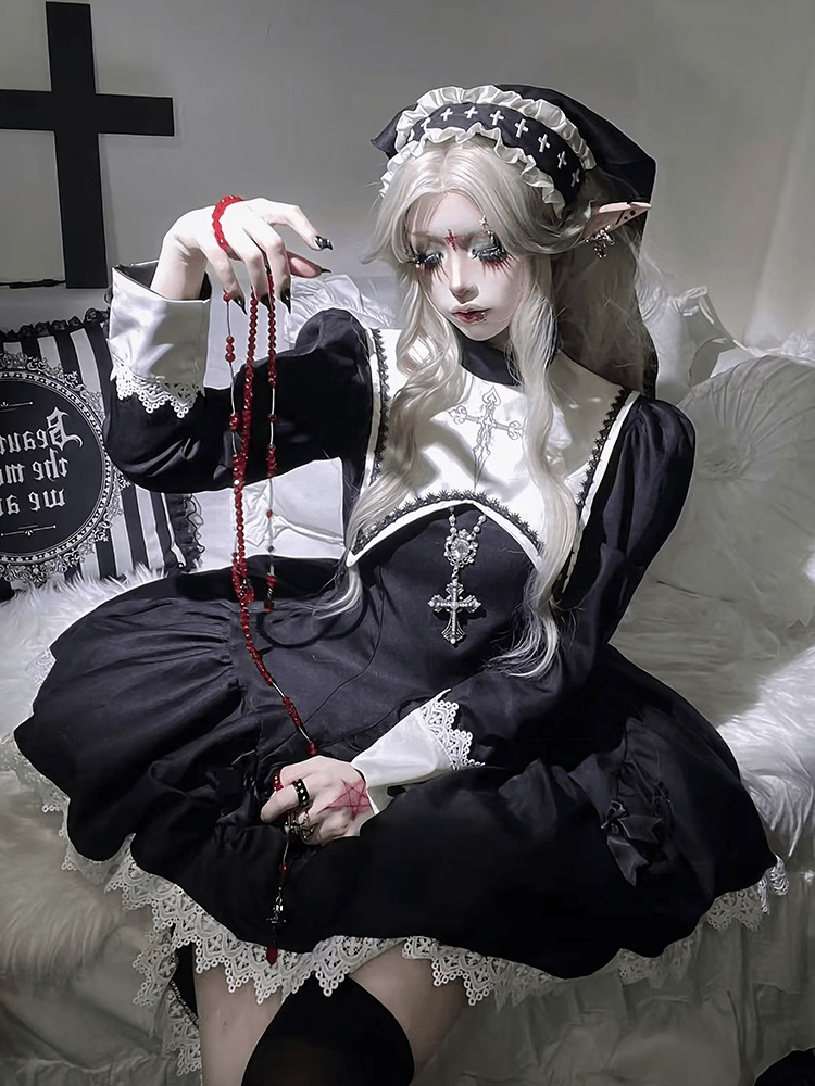Dreambound Nun Halloween Dark Gothic Lolita Maid Dress - LolitaEraBlack Set (Dress + Headscarf & Headband) + Petticoat + White Thigh - high SocksSBlackDreambound Nun Halloween Dark Gothic Lolita Maid Dress