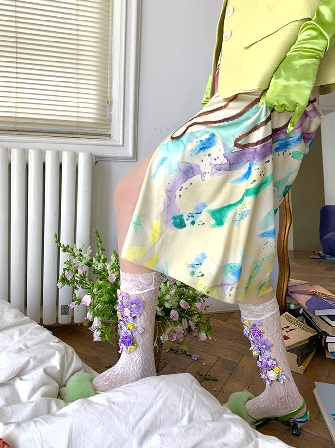 Dreamy Purple Fairy Flower French Vintage Bow Pile Socks - LolitaEraWhiteDreamy Purple Fairy Flower French Vintage Bow Pile Socks
