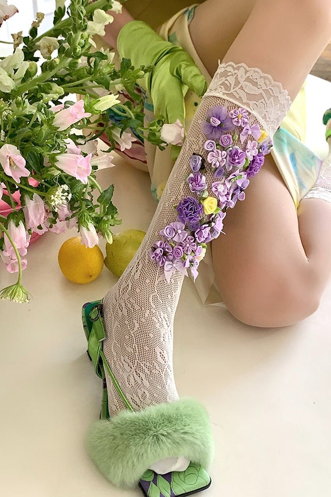 Dreamy Purple Fairy Flower French Vintage Bow Pile Socks - LolitaEraWhiteDreamy Purple Fairy Flower French Vintage Bow Pile Socks