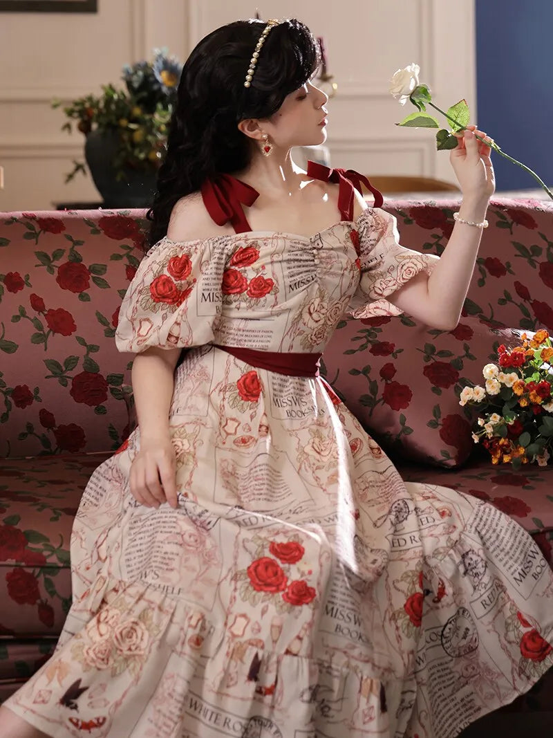 Dress, belt, long skirt, bookshelf, square neckline, lifting effect