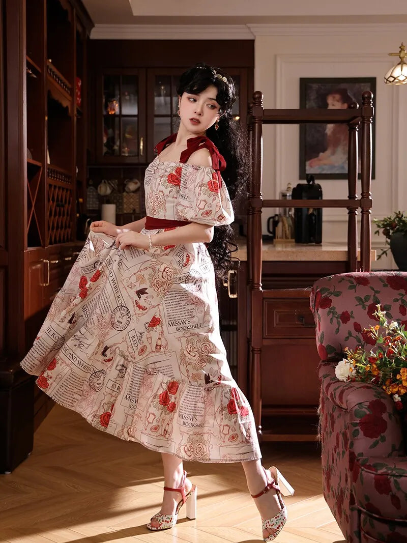 Dress, belt, long skirt, bookshelf, square neckline, lifting effect