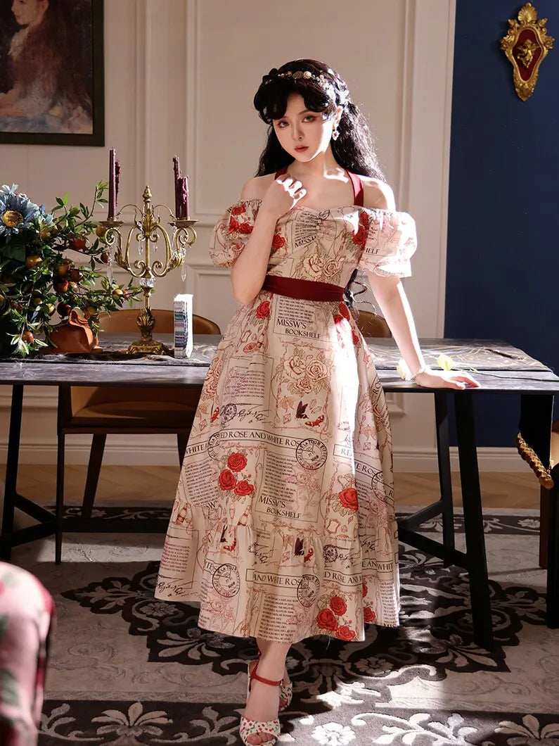 Dress, belt, long skirt, bookshelf, square neckline, lifting effect