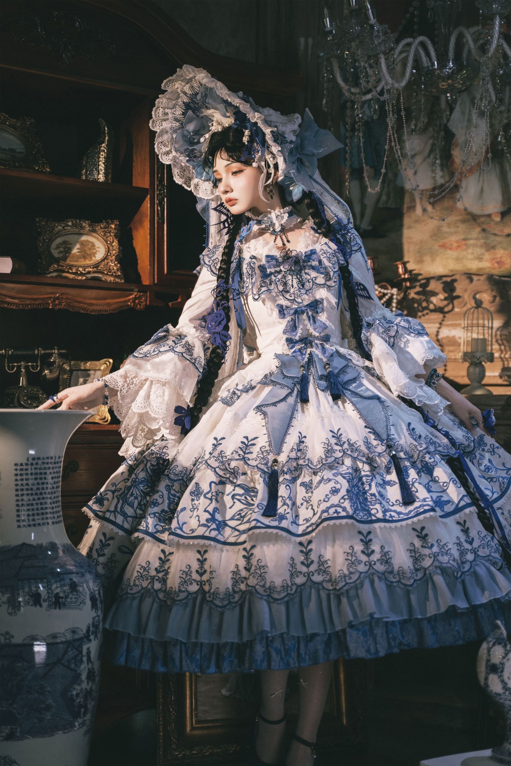 Butterfly Blue and White Porcelain Floral Embroidery Classic Lolita OP Dress