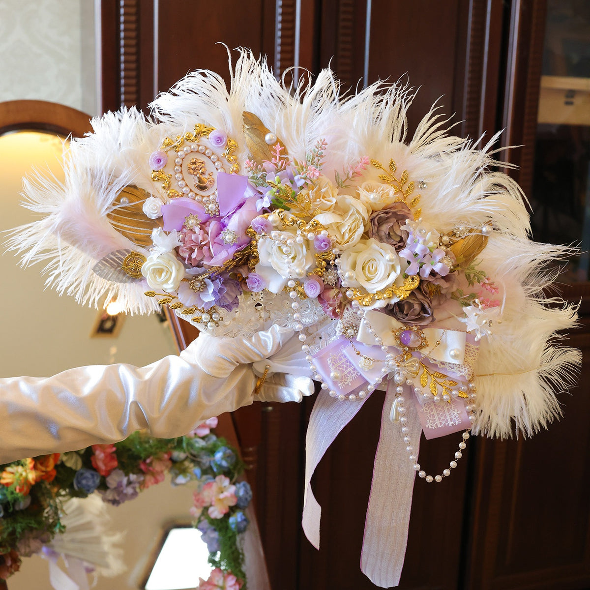 Lolita Handmade Rococo Bridal Tea Party Ostrich Feather Fan