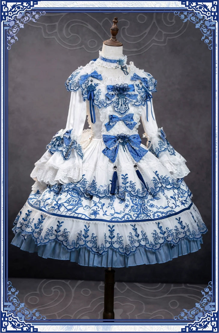Butterfly Blue and White Porcelain Floral Embroidery Classic Lolita OP Dress