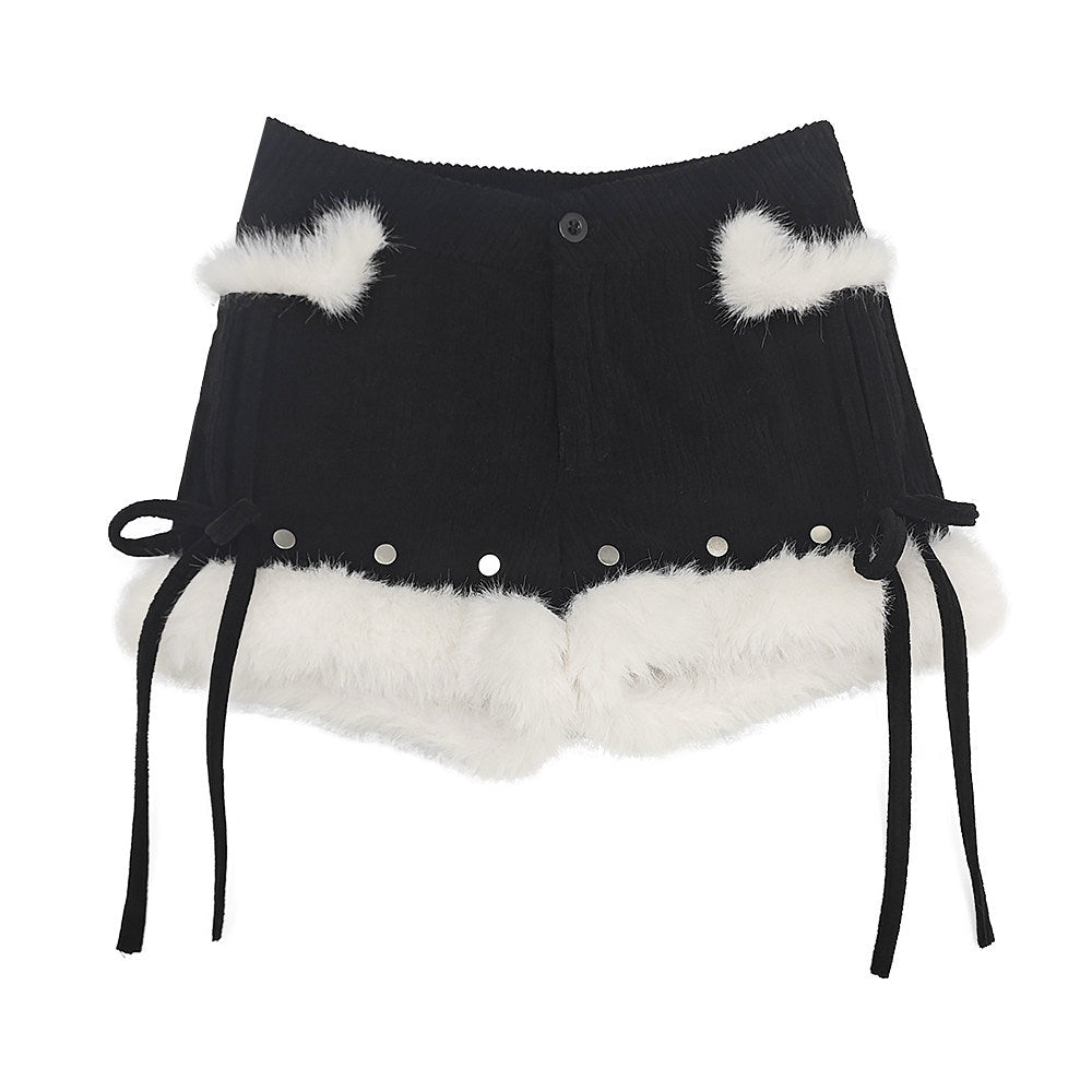 Early Winter Snow Trail Corduroy Spliced Shorts - LolitaEraBlackSEarly Winter Snow Trail Corduroy Spliced Shorts