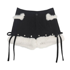 Early Winter Snow Trail Corduroy Spliced Shorts - LolitaEraBlackSEarly Winter Snow Trail Corduroy Spliced Shorts