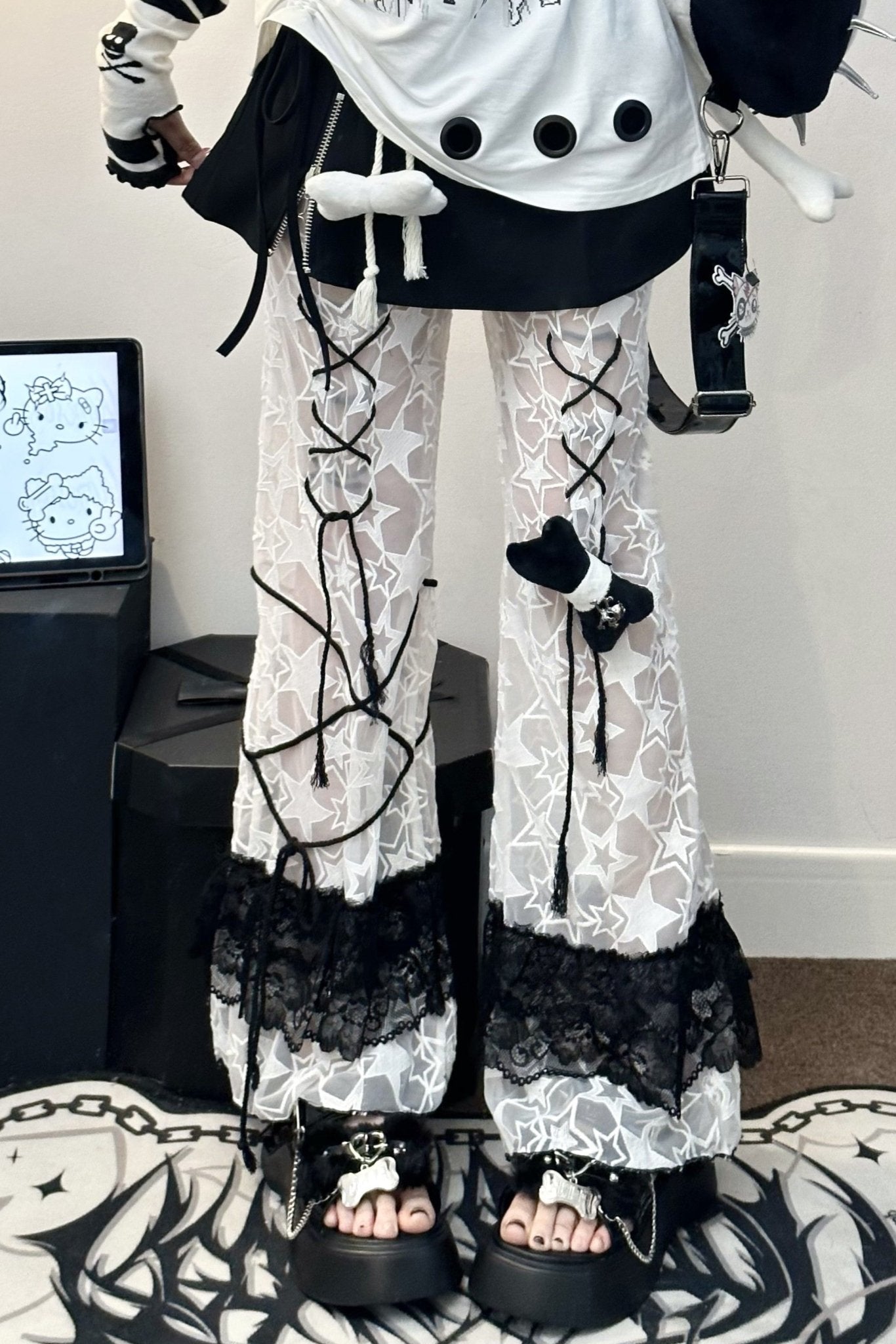 Edgy Y2K Oversized Subculture Mesh Lace Pants - LolitaEraBlackSEdgy Y2K Oversized Subculture Mesh Lace Pants