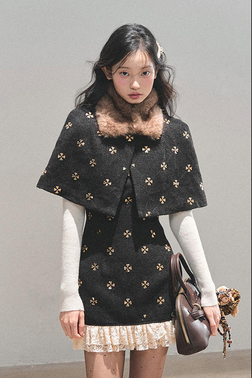 Elegant French Woolen Lace Bodycon Winter Mini Dress LE1164 - LolitaEraCloakSElegant French Woolen Lace Bodycon Winter Mini Dress LE1164