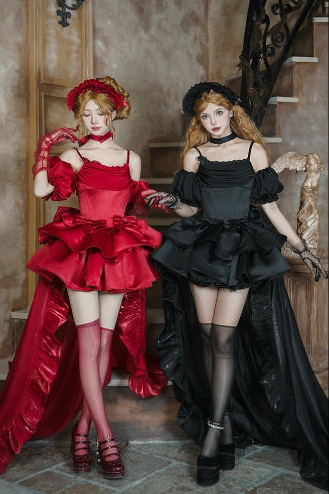 Elegant Gothic Train Satin Gown - LolitaEra8 - Piece Red SetSElegant Gothic Train Satin Gown