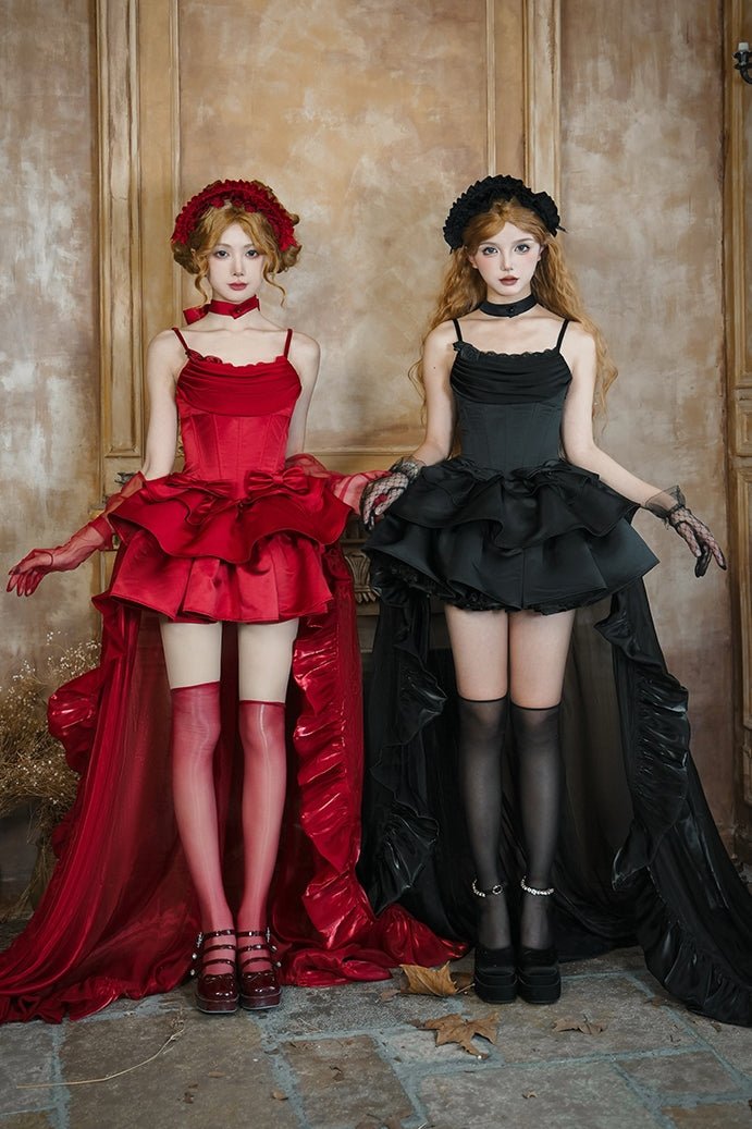 Elegant Gothic Train Satin Gown - LolitaEra8 - Piece Red SetSElegant Gothic Train Satin Gown