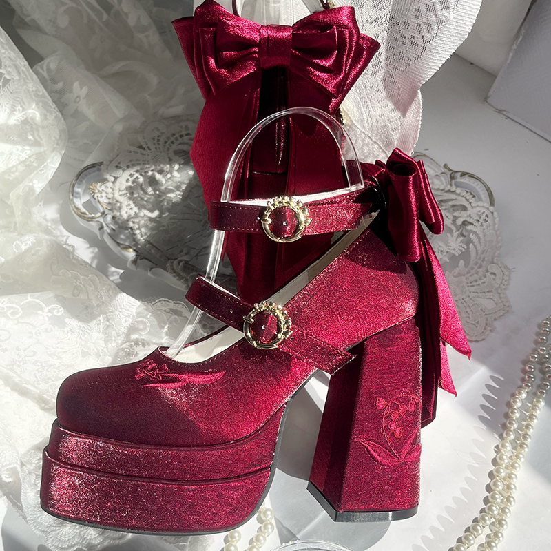 Genuine elegant small design Mary Jane shoes platform with butterfly heels, (Physicals)