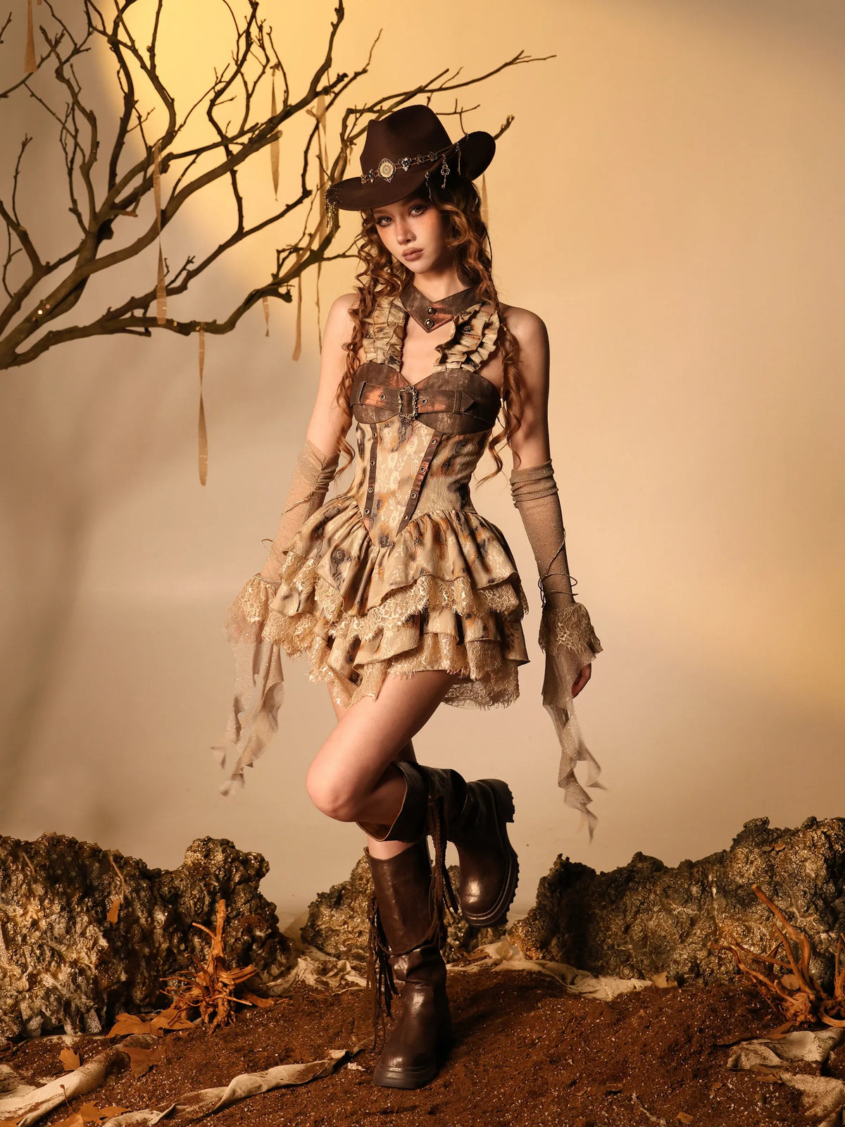Xugui Original Ember Doomsday Wasteland Style Spicy Girl Distressed Burnt Lace Girly Halter Puffy Dress