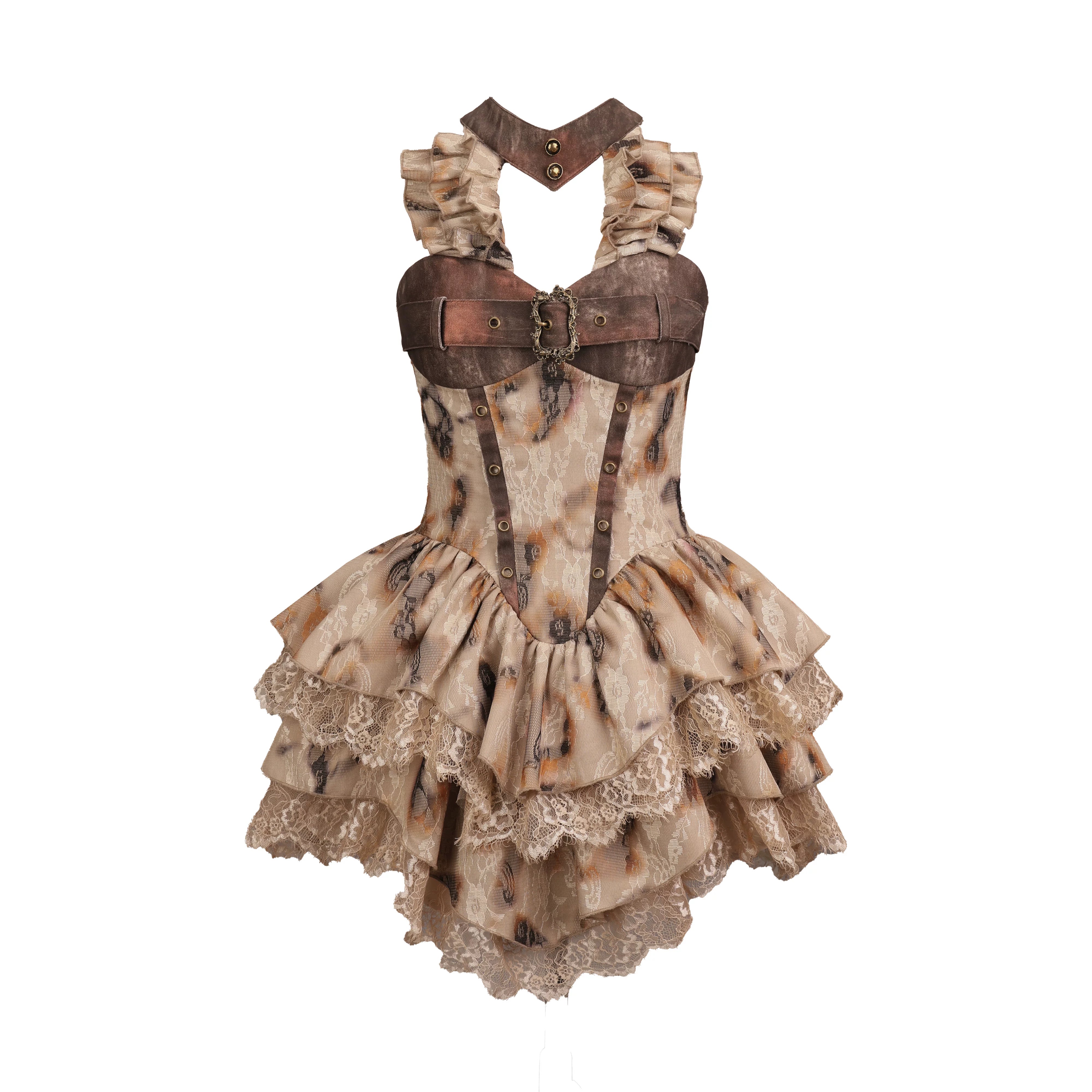 Xugui Original Ember Doomsday Wasteland Style Spicy Girl Distressed Burnt Lace Girly Halter Puffy Dress