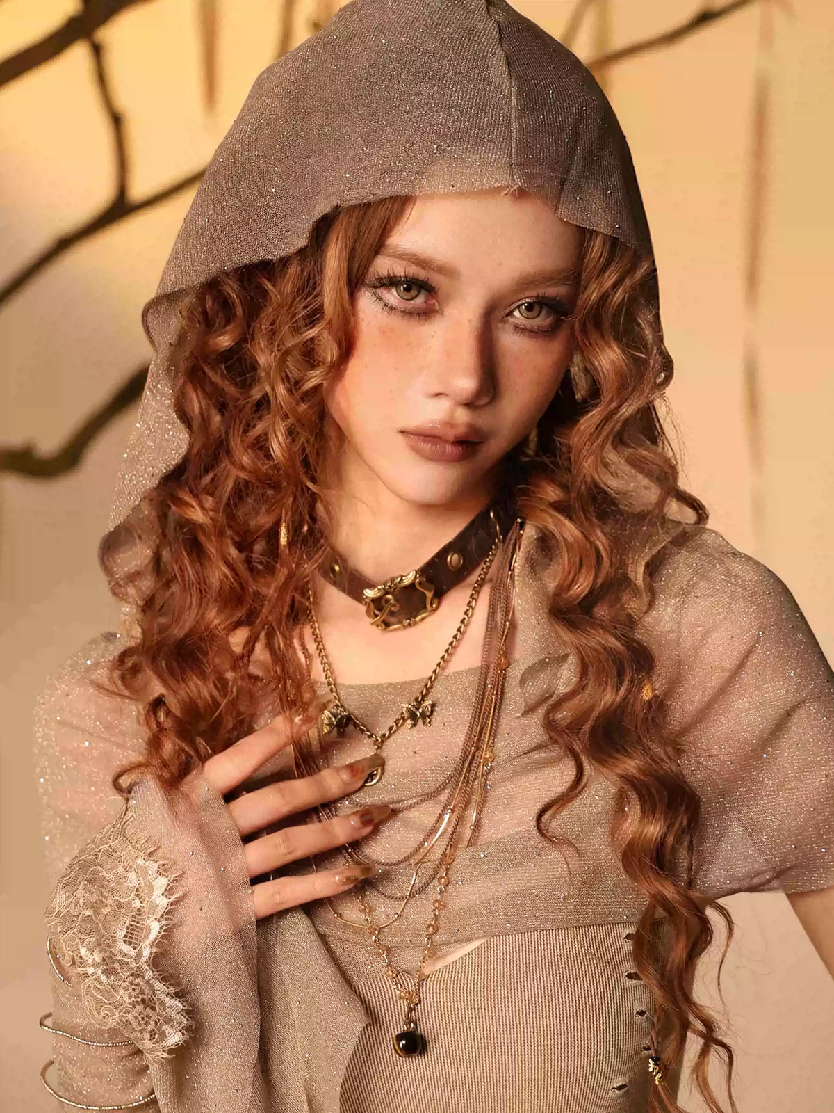 Ember Post-Apocalyptic Wasteland Multi-Layer Long Necklace + Punk Denim Bracelet