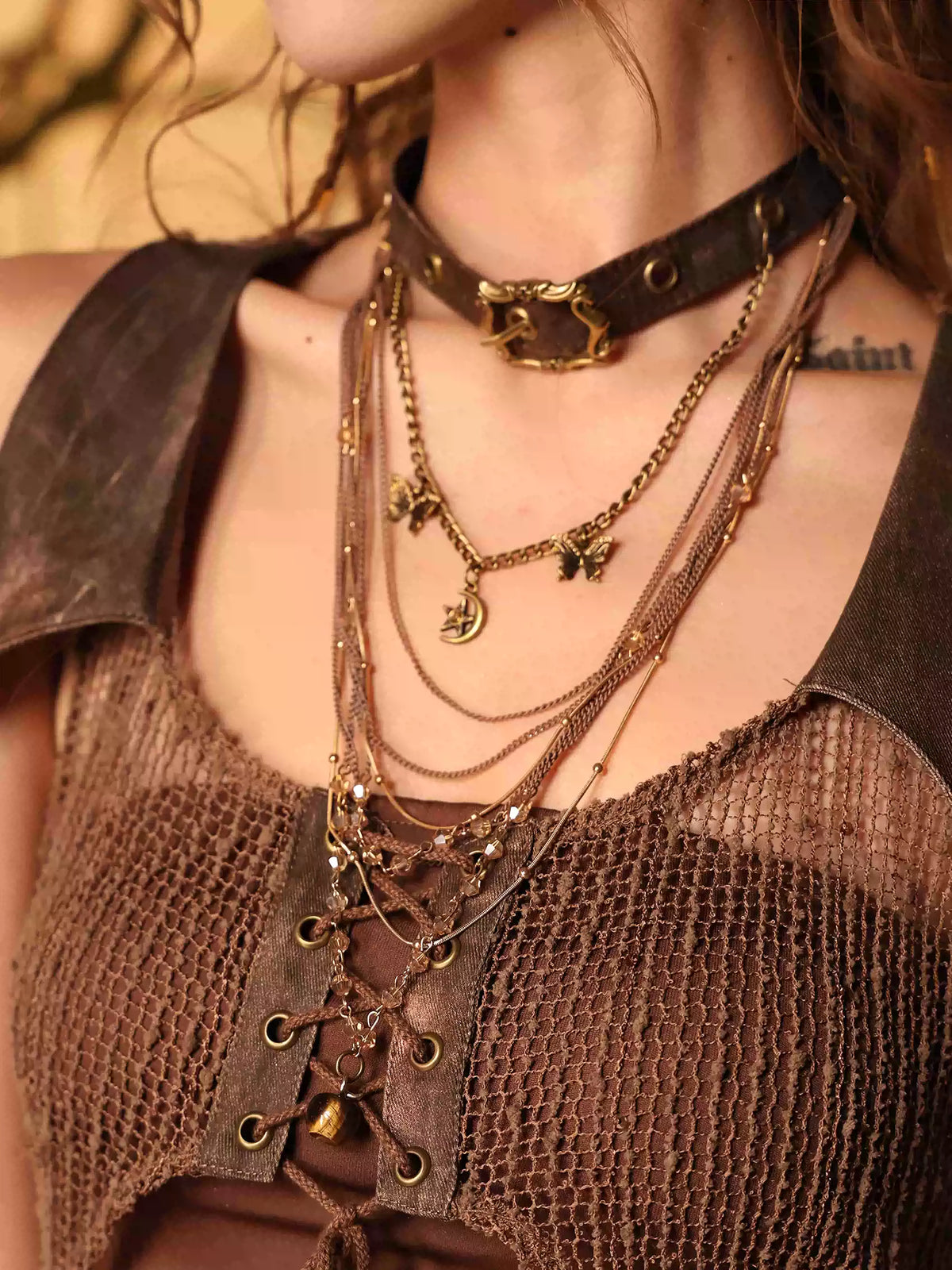 Ember Post-Apocalyptic Wasteland Multi-Layer Long Necklace + Punk Denim Bracelet
