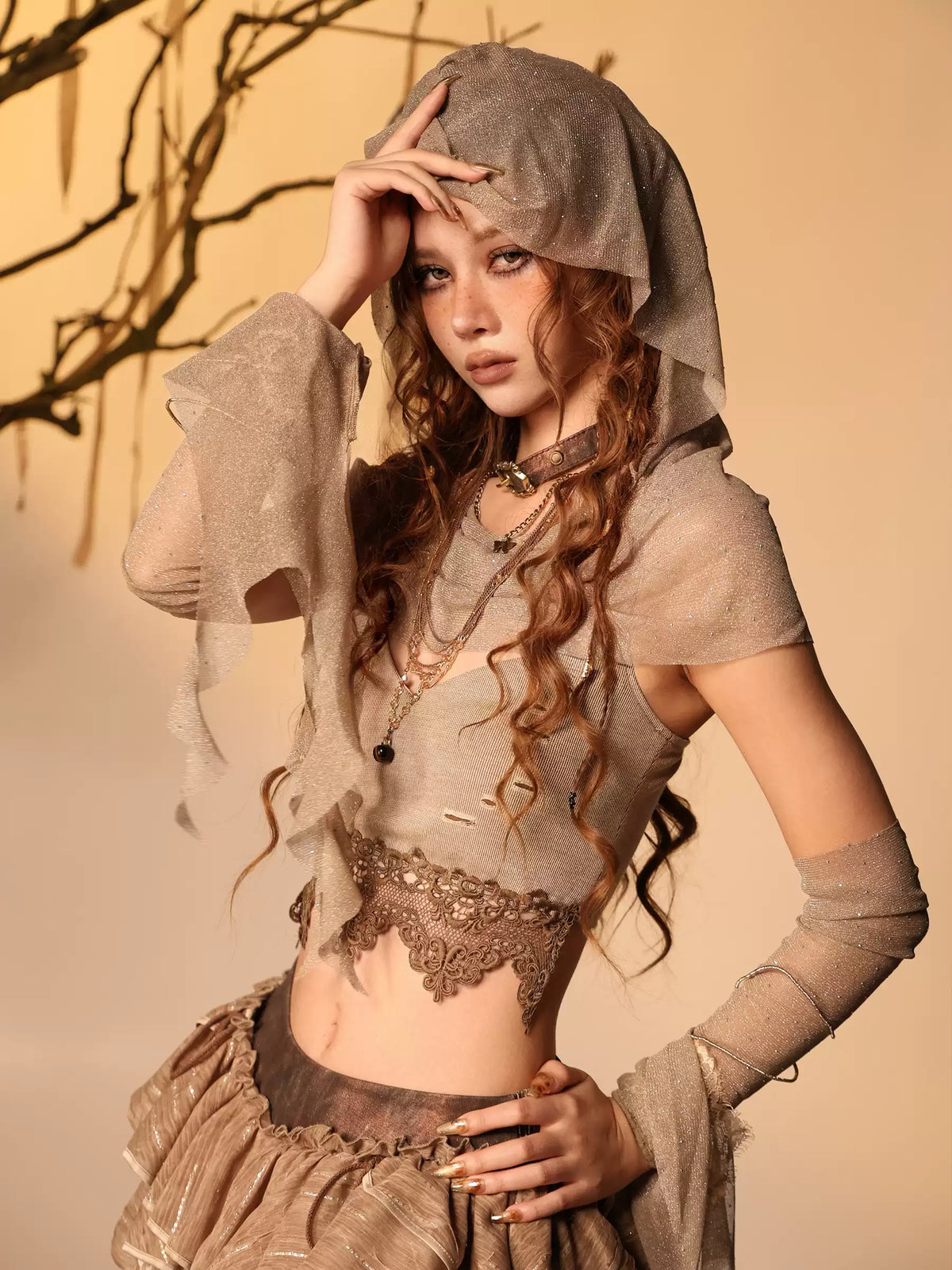 Ember Post-Apocalyptic Wasteland Style Shimmer Lace Cami Hood Shawl Sleeves 3-Piece Set
