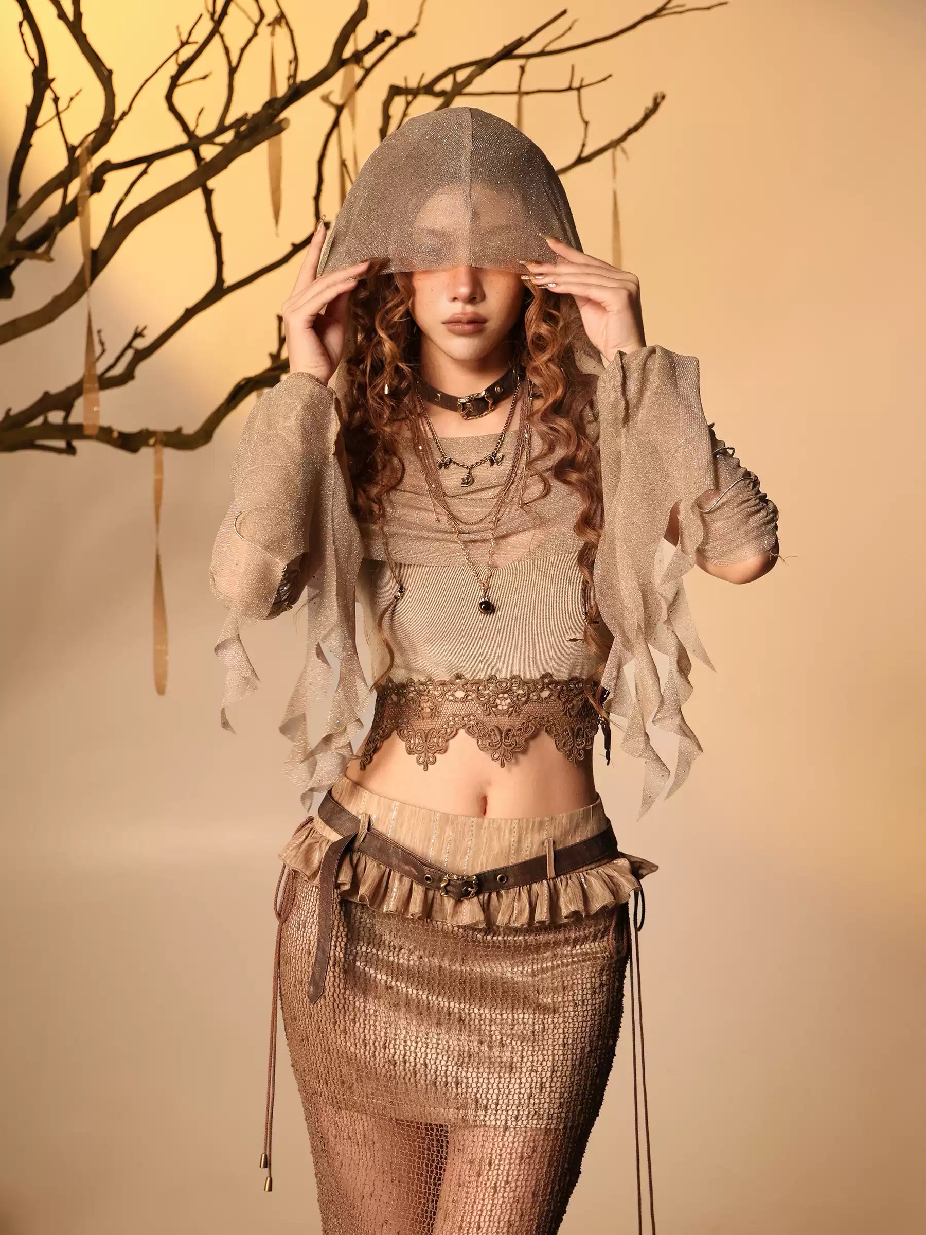 Ember Post-Apocalyptic Wasteland Style Shimmer Lace Cami Hood Shawl Sleeves 3-Piece Set