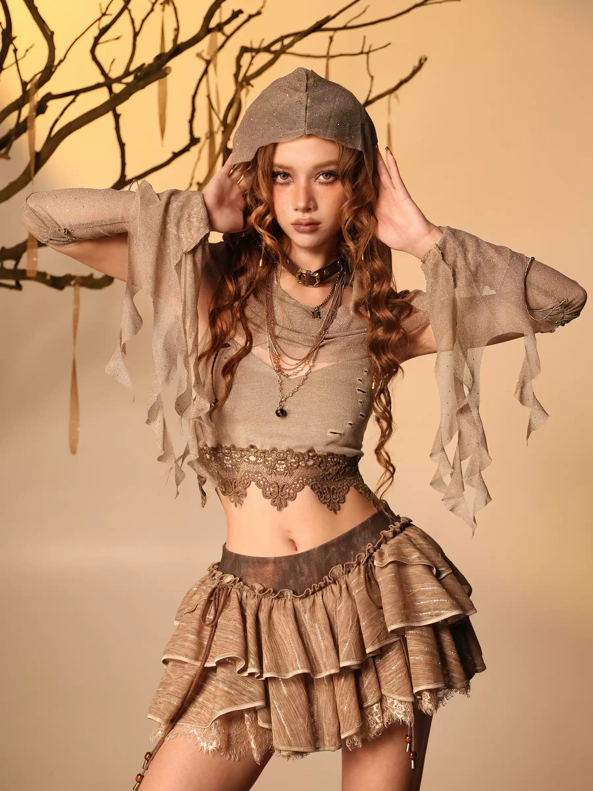 Ember Post-Apocalyptic Wasteland Style Shimmer Lace Cami Hood Shawl Sleeves 3-Piece Set
