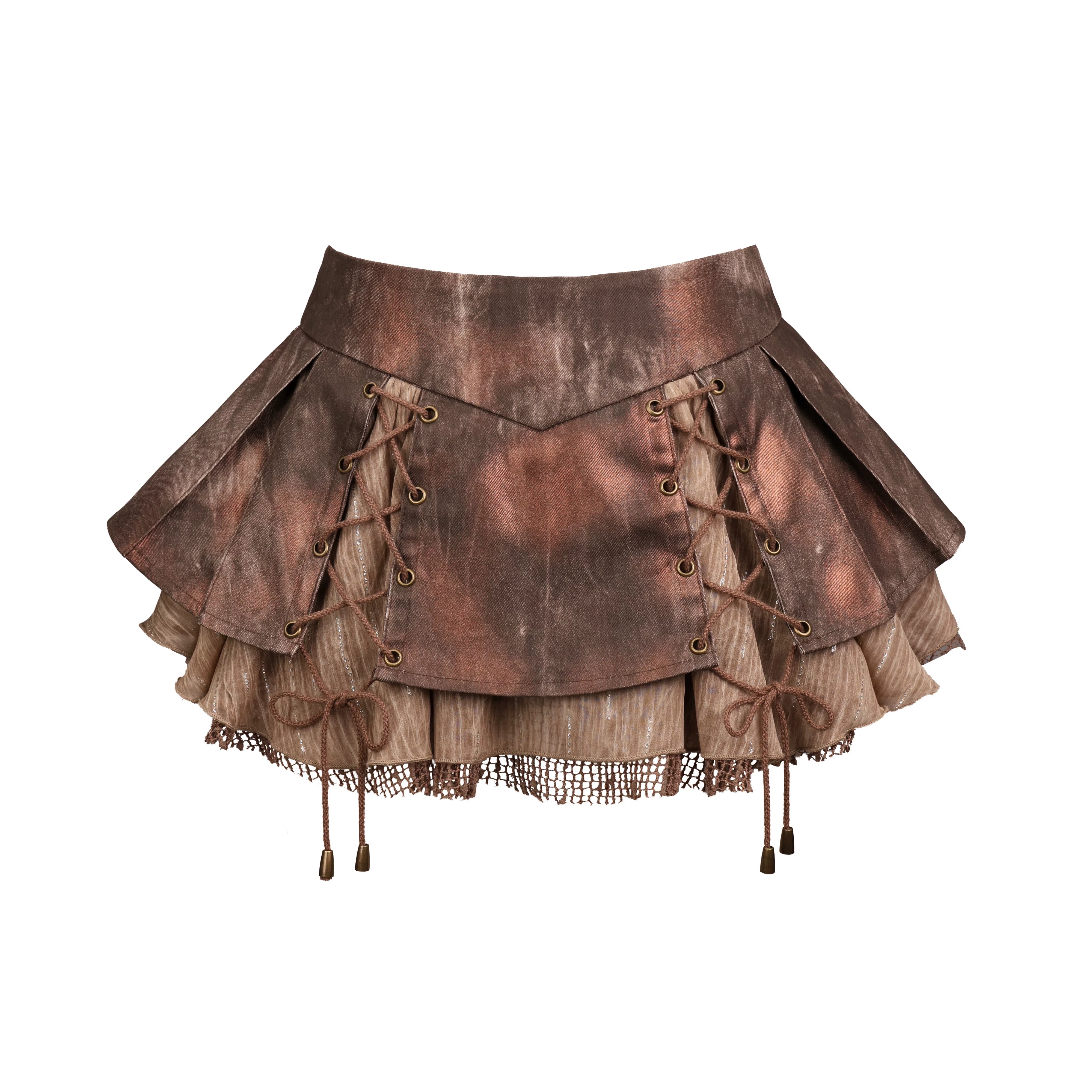 Ember Wasteland Style Distressed Foil Low-Waist Denim Pleated Mini Skirt