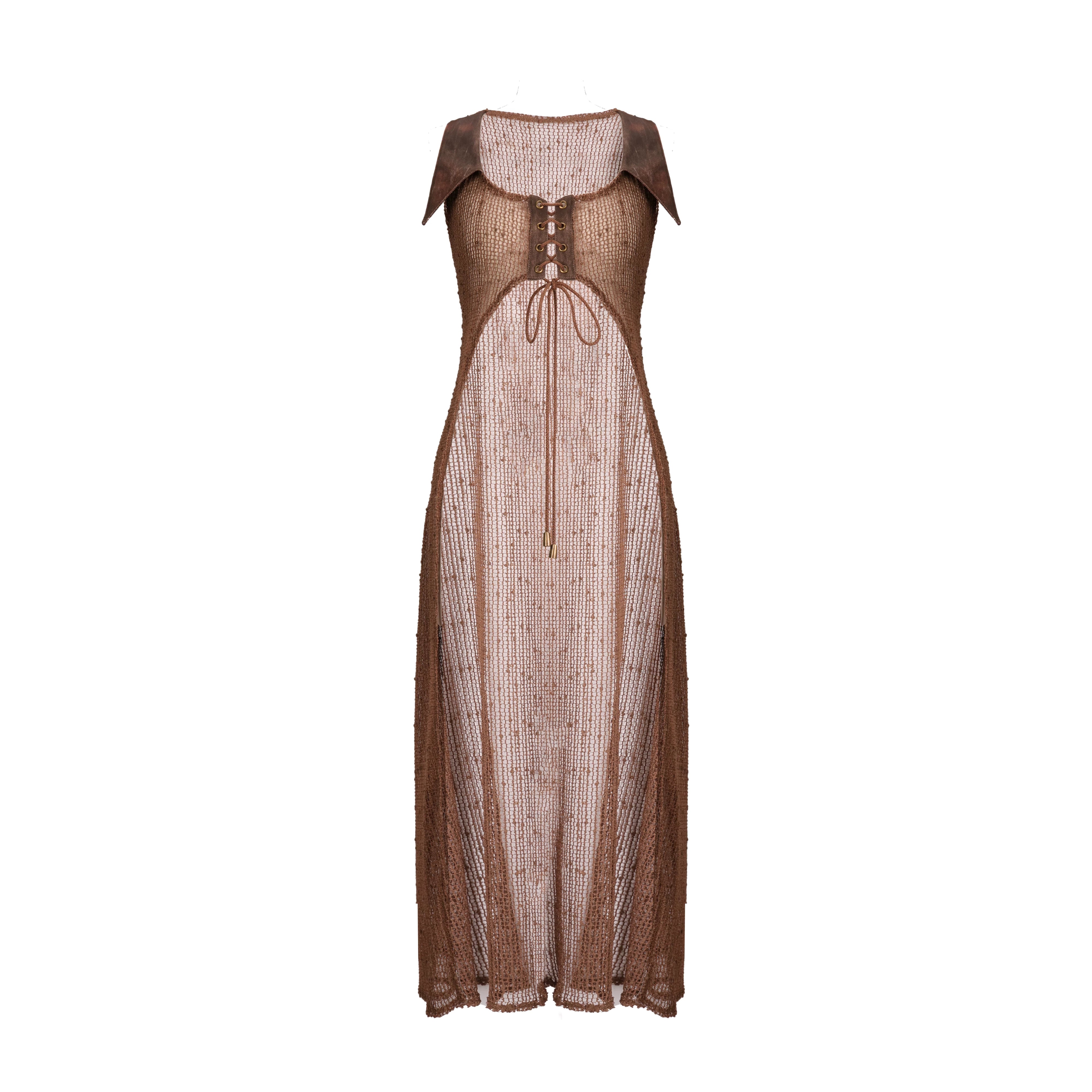 Ember Wasteland Style Hot Girl Mesh Cutout Lace-Up Long Cardigan Vest Cover-Up