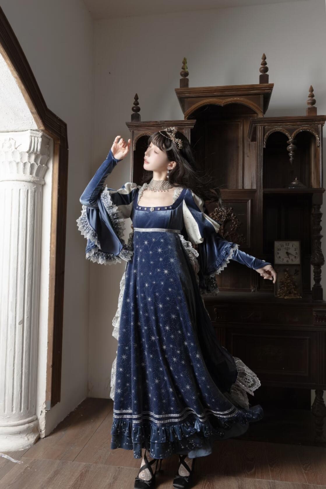 Ephemeral Gleams Empire Waist Lolita Dress 1239 - LolitaEraBlue SetXSEphemeral Gleams Empire Waist Lolita Dress 1239