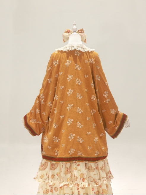 Blossoming Hibiscus Lolita Original Raccoon Sleeve Collar Blouse & Tiered Half Skirt Set