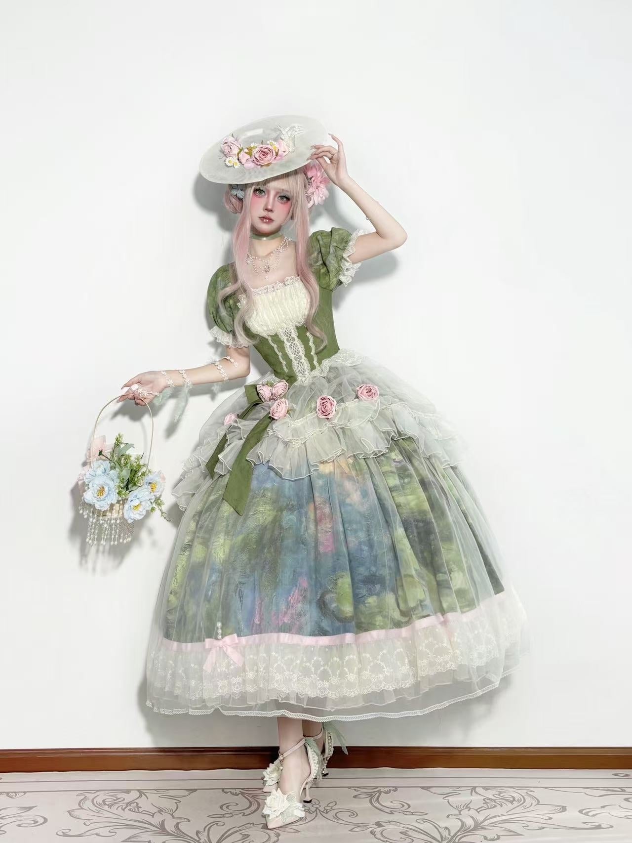 Monet's Garden Oil Painting Classic Lolita OP Dress Set