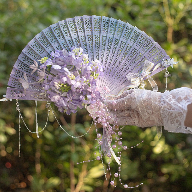 Falling Rain Wisteria Four Seasons Flower Lolita Handmade Classic Style Fan - LolitaEra