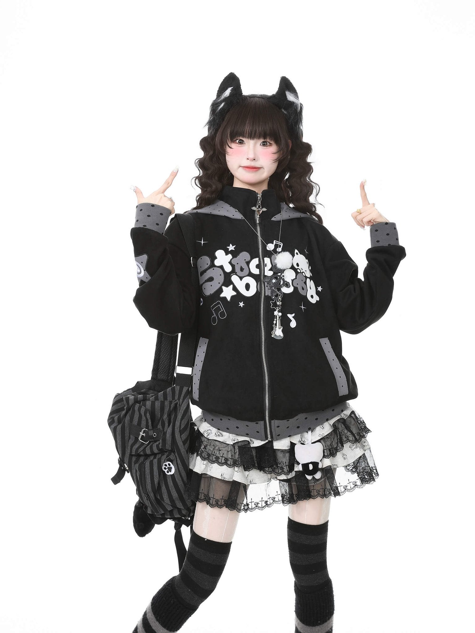 Faux Suede Cat Embroidery Polka Dot Hooded Coat - LolitaEraGraySFaux Suede Cat Embroidery Polka Dot Hooded Coat