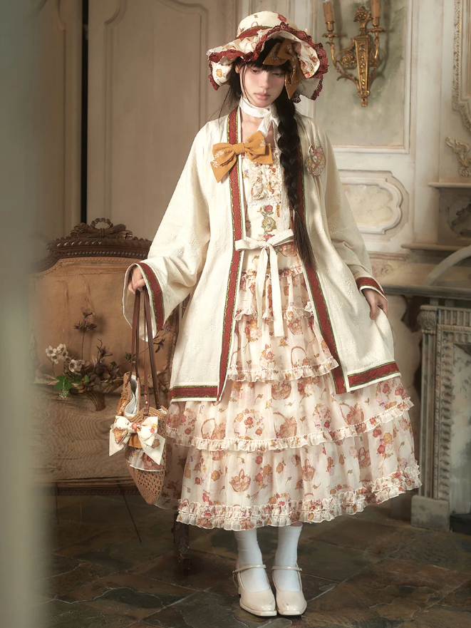 Blossoming Hibiscus Lolita Original Raccoon Sleeve Collar Blouse & Tiered Half Skirt Set