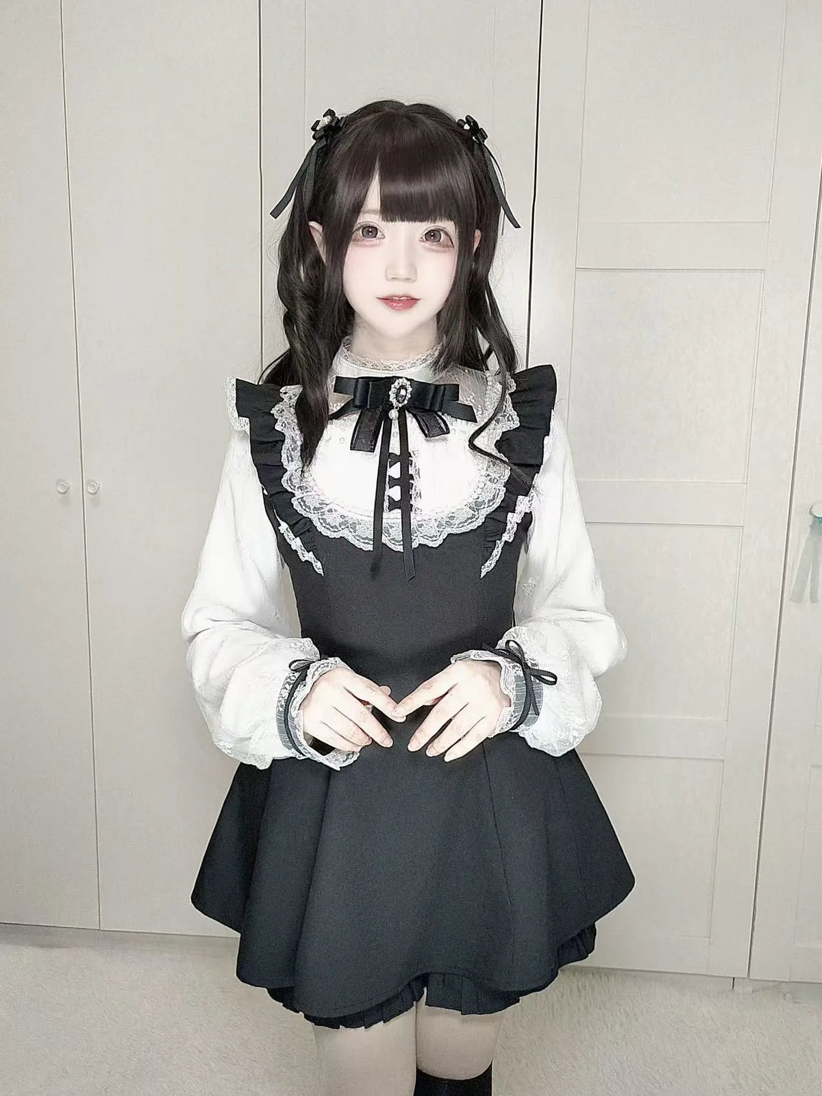 Genuine design long-sleeve, sleeves, lace set pearl with bow, with short sleeve