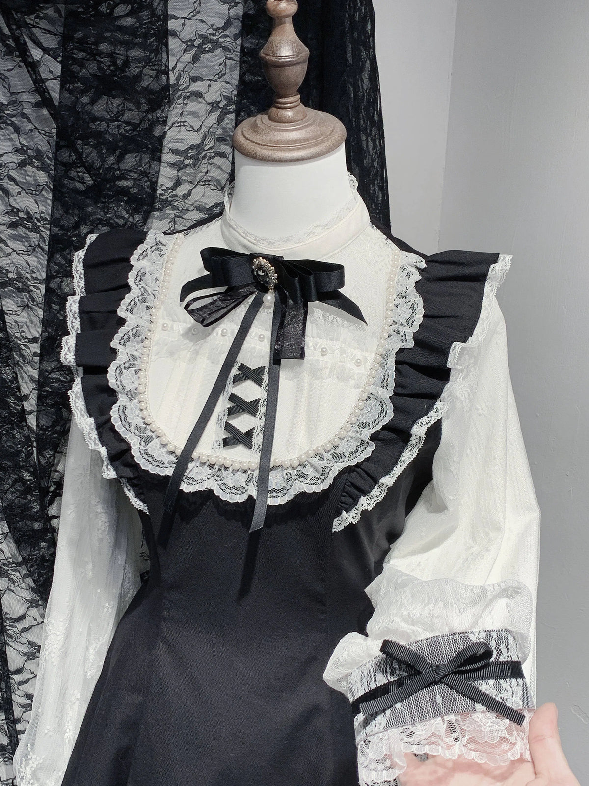 Genuine design long-sleeve, sleeves, lace set pearl with bow, with short sleeve